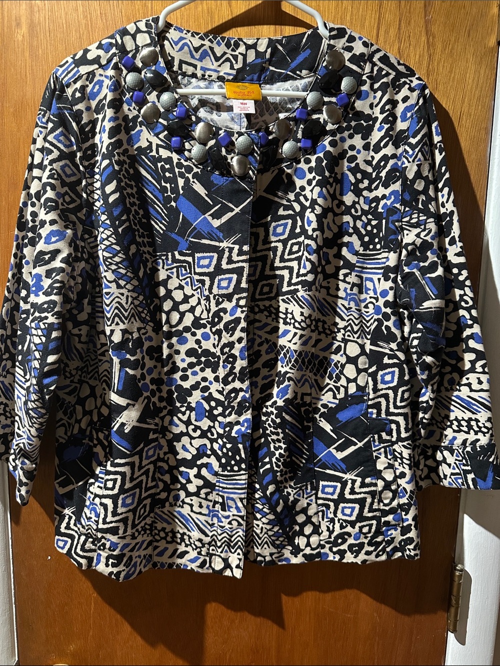Ruby Rd. Black, Blue & Cream Abstract Pattern Jacket